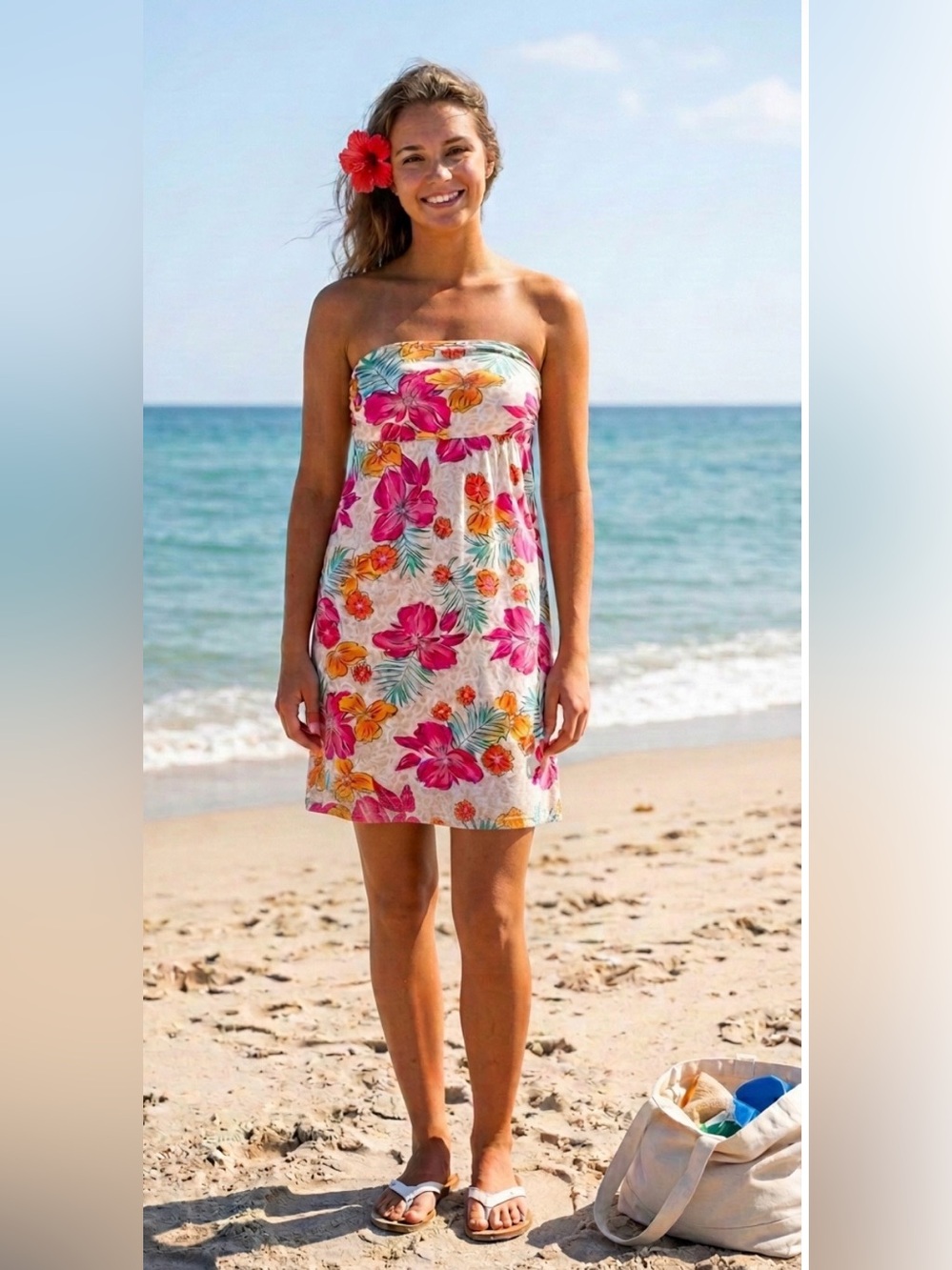 American Rag Y2K Strapless Tropical  Dress Hibiscus Pink Orange Size Medium